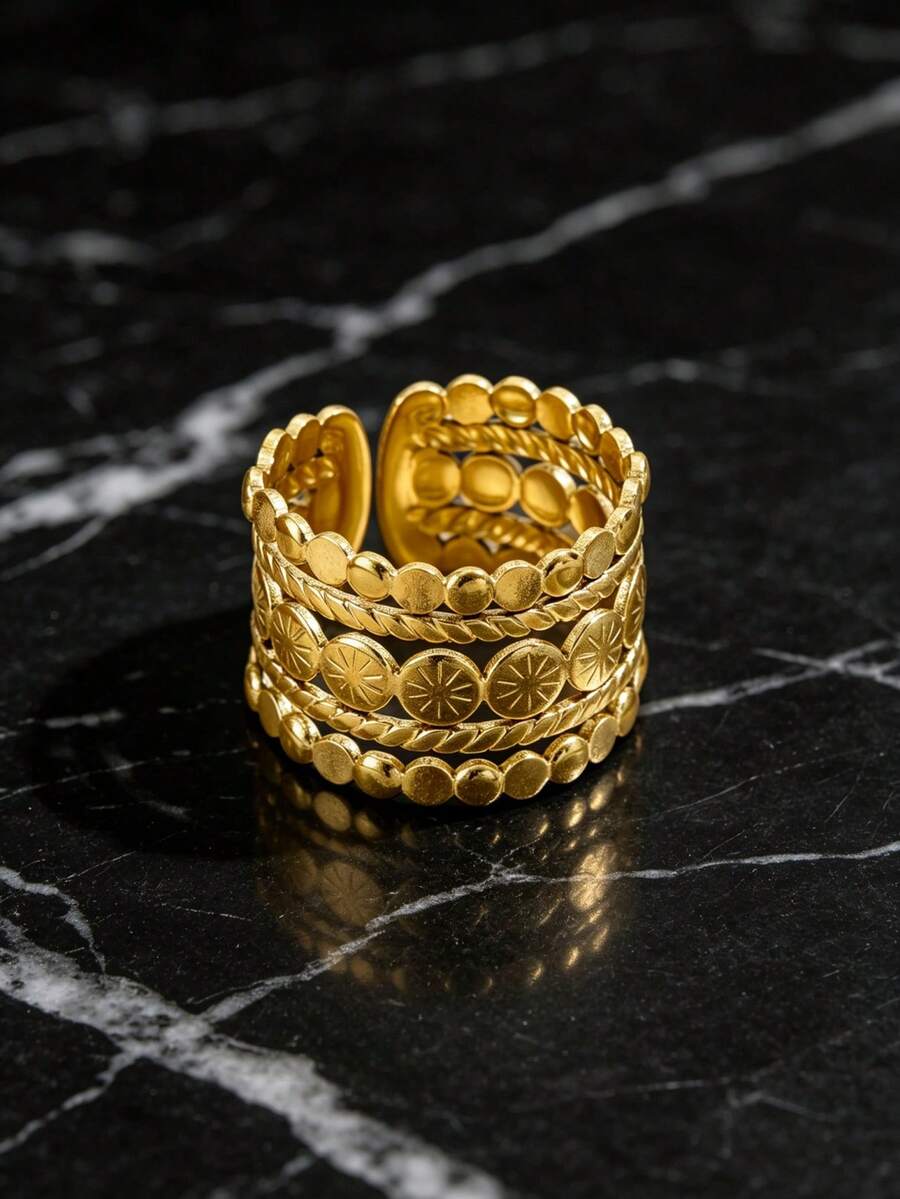 1Pc Multi‑Layer Hollow Floral Wide Open Statement Ring, Golden‑Plated 316 Stainless Steel Adjustable Finger Jewelry - Yellow Gold - View 1