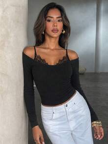 Lace Patchwork Camisole V-Neck Fitted Innerwear Short Knit Long Sleeve Top - Black - View 2