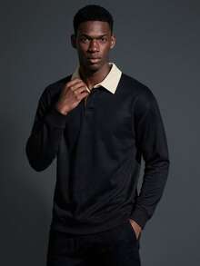 Camvyn Men's Autumn/Winter Casual Fashion Versatile Patchwork Loose Drop Shoulder Polo Collar Sweatshirt - Black - View 1
