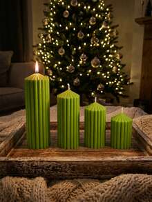 Green Striped Decorative Candle Ribbed Textured Aesthetic Wax Candles For Christmas Holiday Decor, Warm Silent Style Home Atmosphere, Minimalist Decorative Candle Centerpiece Christmas Present Decorations Gift For Woman Winter Gift - Green Cone-shaped Pillar Candle - View 1