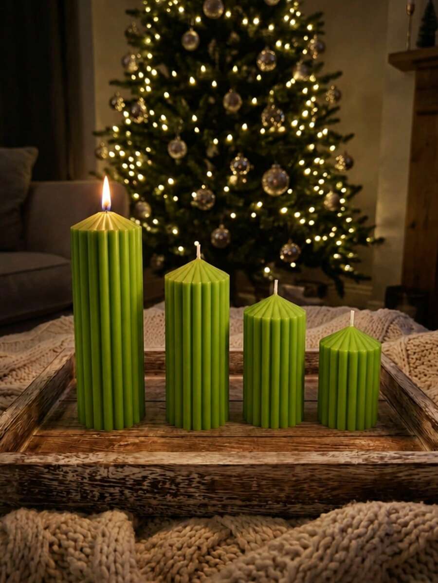 Green Striped Decorative Candle Ribbed Textured Aesthetic Wax Candles For Christmas Holiday Decor, Warm Silent Style Home Atmosphere, Minimalist Decorative Candle Centerpiece Christmas Present Decorations Gift For Woman Winter Gift - Green Cone-shaped Pillar Candle - View 1