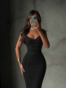 Women's Summer Spaghetti Strap Patchwork Sexy Ribbed Bandage Elegant Backless Black Mid-Length Fitted Dress, Suitable For Outings, Evening Parties, Cocktail Events - Black - View 6