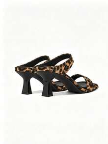 Women's Leopard Print Open Toe Strap Slide Sandals, Square Toe, Small Kitten Heel, Fairy-Style Summer Fabric High Heels - Leopard Print - View 3