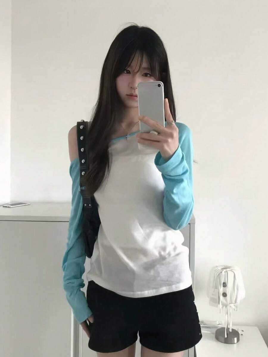 Colorblock Contrast Raglan Sleeve Sheer Long Sleeve Slim Fit Casual Top, White - White - View 1