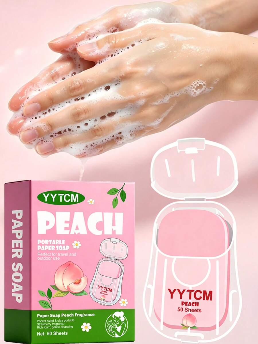 YYTCM Sabun Lembaran Portabel Peach 50 lembar, Kotak Penyimpanan Mini Tutup Flip, Sabun Tangan Sekali Pakai, Kertas Sabun untuk Perjalanan Luar Ruangan, Pelajar, Sabun Pembersih Lembut Portabel, Busa Melimpah, Mudah Dibilas, Tanpa Residu - Persik - View 1