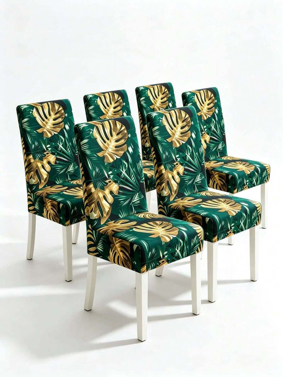 1/4/6pcs Minimalist Tropical Banana Leaf & Monstera Leaf Print Stretchable Dining Chair Covers, Dustproof Non-Slip Printed Protective Seat Covers For Home Decor, Hotel, Restaurant, Banquet, Living Room, All Seasons