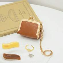1pc Solid Color Gold Trim Litchi Grain PU Leather Jewelry Coin Earphone Storage Mini Pouch With Gold Ball Snap Button Closure, Sweet Vintage Style, Travel Commute Daily Carry Bag For Girls - Multicolor - View 27
