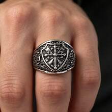 Gothic Vintage Medieval Shield Fleur-De-Lis Cross Pattern Men's Ring, Personalized Hip-Hop Cool Boy Accessory, Halloween Gift - Multicolor - View 3