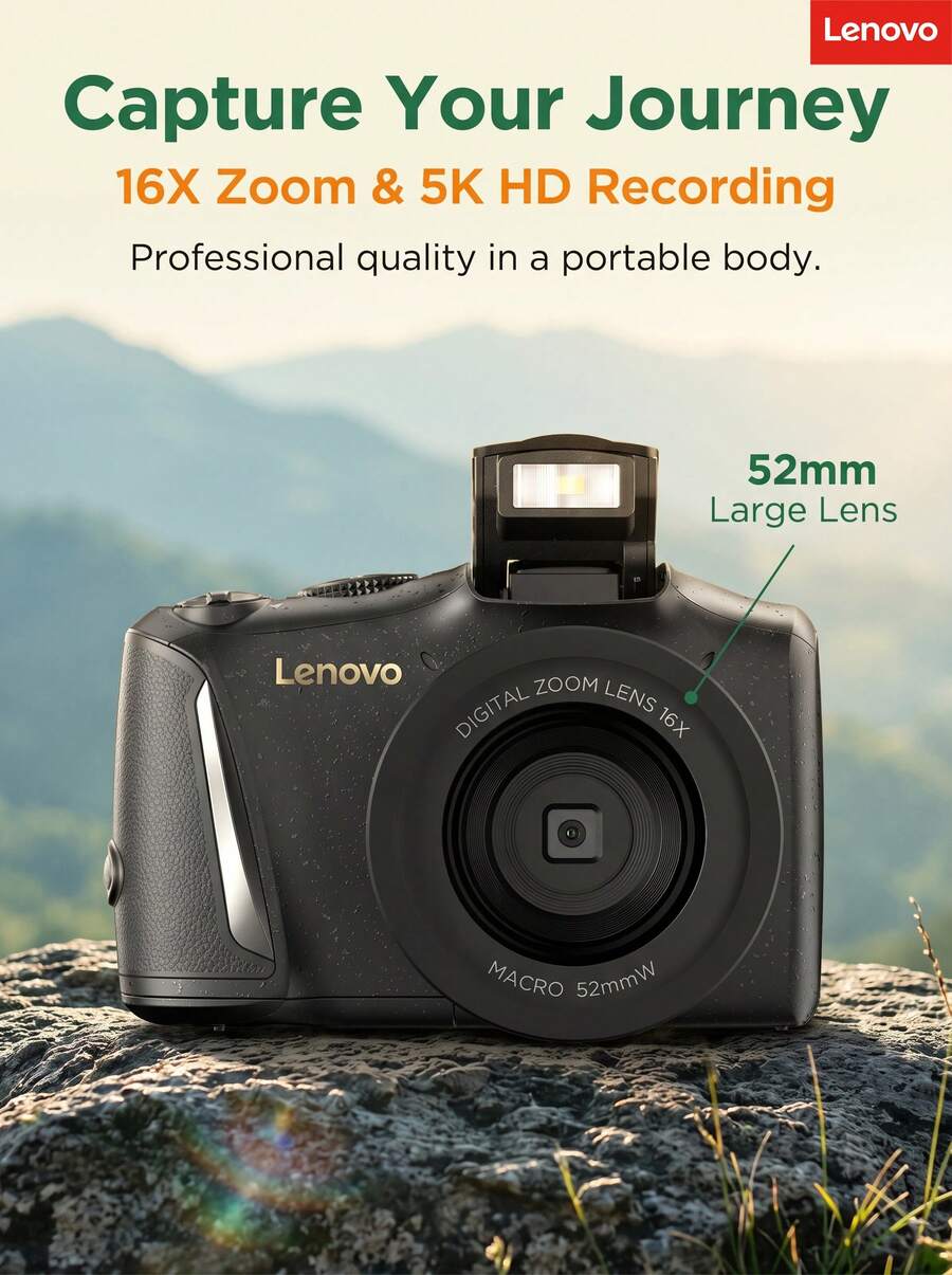 Lenovo C35 Digital Camera 64MP Ultra-HD Photography 5-Axis EIS Beauty Filters + 4K Video Recording Retro Card-Style Body Travel Vlog Essential - View 1