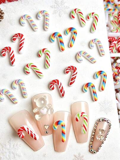 50Pcs Christmas Candy Cane Nail Charms, 3D Resin Mini Striped Cane Ornaments, Red White Rainbow Color Xmas Nail Art Decorations For DIY Manicure