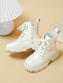 Girls Sweet Heart Decor Ankle Boots, Glitter Heart Applique Lace-Up Side Zipper Thick Sole Non-Slip Mid-Calf Boots - Beige - View 2