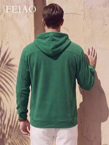 FEIAO Men's Vintage "Old Money" Solid Color Fleece Hoodie, Fashionable & Warm, Suitable For Work And Casual Wear - Green - View 2