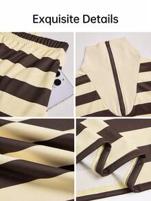 Fashionable Women's Striped Casual 2 Pieces Set, Contrast Color Collar, Zipper Detail Top With Matching Pants, Suitable For Casual Occasions - Yellow - View 3