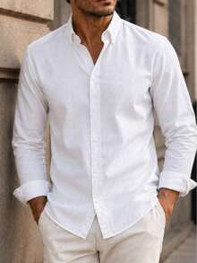 Men's Slim-Fit Button-Down Collar Casual Long-Sleeve Shirt - Soft Textured Cotton-Linen Blend Breathable Shirt For Modern Smart-Casual & Everyday Wear - White - View 1