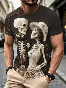 Fashionable Men's Crew Neck T-Shirt, Skull Skeleton Graphic, Versatile Short Sleeve Top - Multicolor - View 1