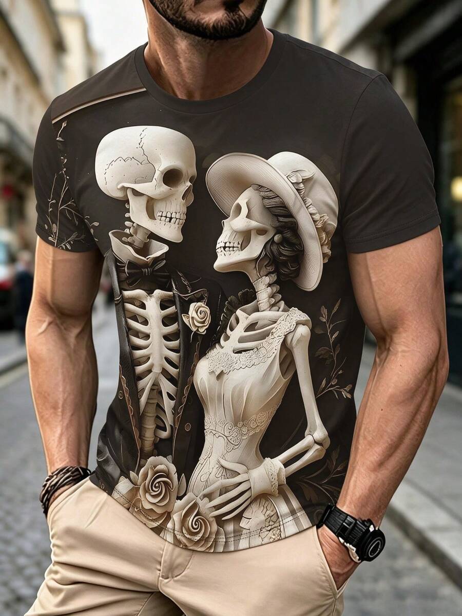 Fashionable Men's Crew Neck T-Shirt, Skull Skeleton Graphic, Versatile Short Sleeve Top - Multicolor - View 1