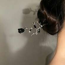 Vintage Branch Rose Hair Stick, Elegant Floral Hair Fork, Women's Daily Updo Accessory - Black + Beige - View 6