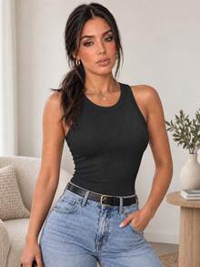 ChicMe Sleeveless Ribbed Knit Tank Top, Fitted Style, Basic Casual Everyday Wear For Women Elegant Black Summer - Black - View 5