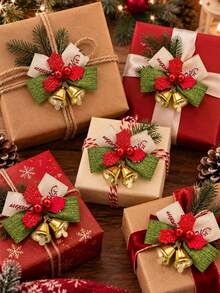 10/20pcs Christmas Gift Bow Decorations With Bells, Red & Green Color, Suitable For Christmas Tree, Wreath, Garland, Gift Box, Door Decor And Home Decoration - Multicolor - View 3