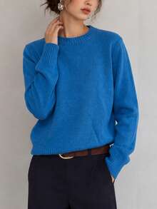 Women's New Autumn/Winter Solid Color Knit Pullover Long Sleeve Regular Fit Sweater, Warm And Comfortable, Light Blue, Suitable For Daily Wear - Blue - View 4