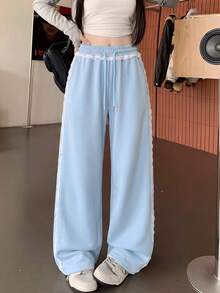 JUTUQU Spring Autumn Winter Lace Patchwork Light Blue Casual Pants Women Spring Elastic Waist Ins Korean Style Chic Sweet Cool Ruffle Sweatpants Commute Outfit - Light Blue - View 4