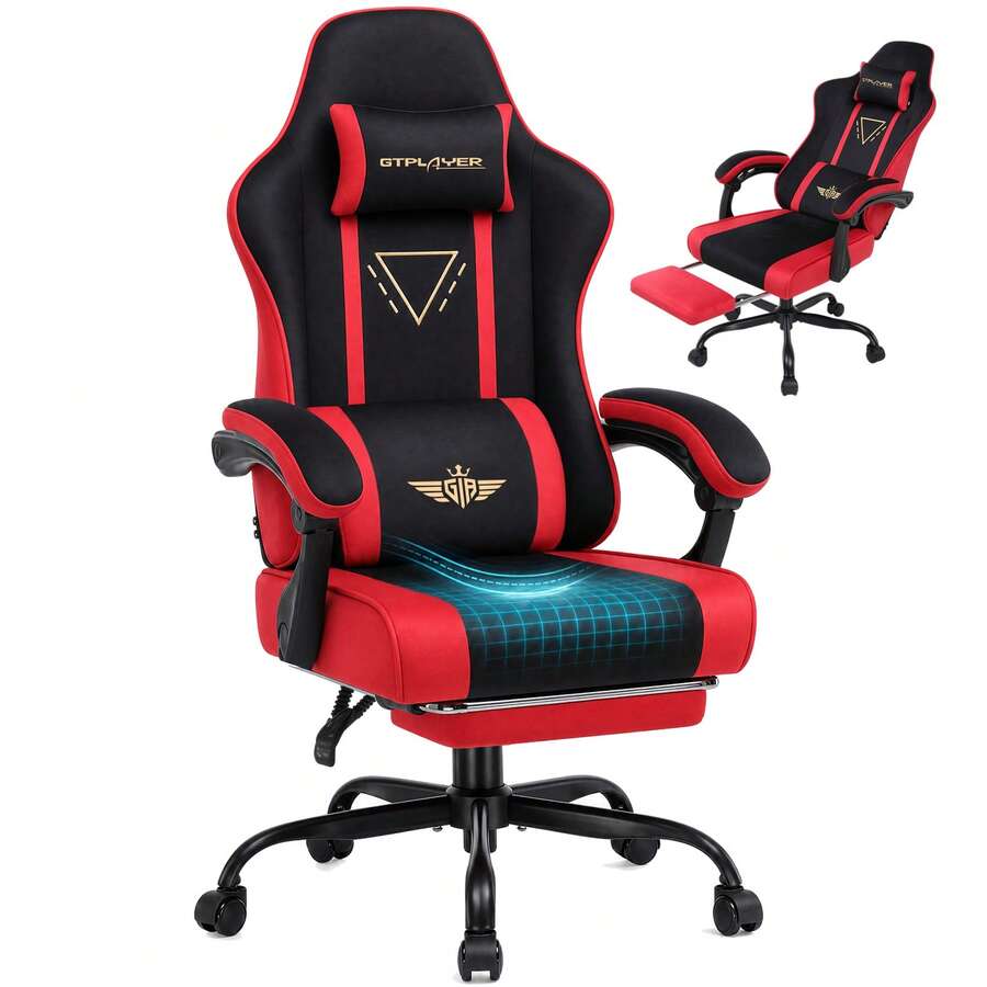 Fabric Gaming Chair With Footrest, Ergonomic Computer Desk Chair With Pocket Spring Cushion Home Office High Back Lumbar Support Heavy Duty Wide - Red - View 1