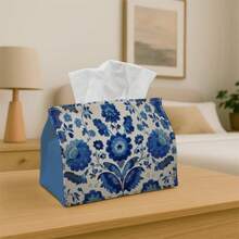 1pc Vintage Floral Design Tissue Box Cover - Blue Floral Pattern Tissue Box Holder, Multi-Functional Tissue Box, Suitable For Home, Car And Party Decoration, Perfect For Christmas, Halloween And Daily Use - A - View 2