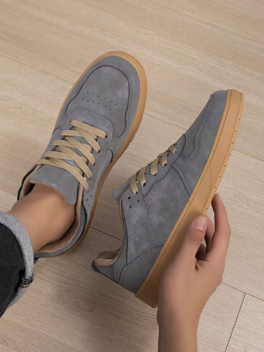 Men's Low-Top Lace-Up Sports Sneakers, Solid Color Upper, TPR Sole, Casual Shoes For Outdoor Wear - Dark Grey - View 1