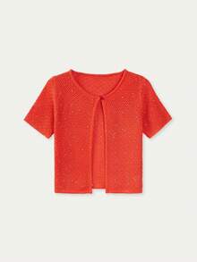 Spring/Summer New Women's Y2K Orange Knit Top, Round Neck Short Sleeve Argyle Pattern Sequin Knit Top, Casual Beach Party - Orange - View 7