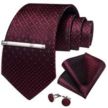 Burgundy Diamond Check Tie, Pocket Square, Cufflinks And Silver Tie Clip 4-Piece Set, Suitable For Winery Tour Dinner, Vineyard Wedding Evening Reception - Burgundy - View 2