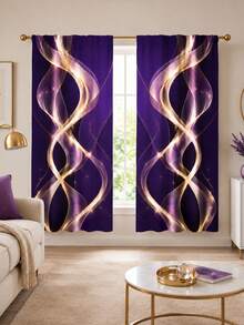 2pcs, Polyester Material, Deep Purple Dreamy Gold Curved Pattern Printed, Light Filtering Curtains, Suitable For Bedroom, Living Room, Office And Home Decor, Rod Pocket Design, Suitable For Rod Installation - Multicolor - View 2