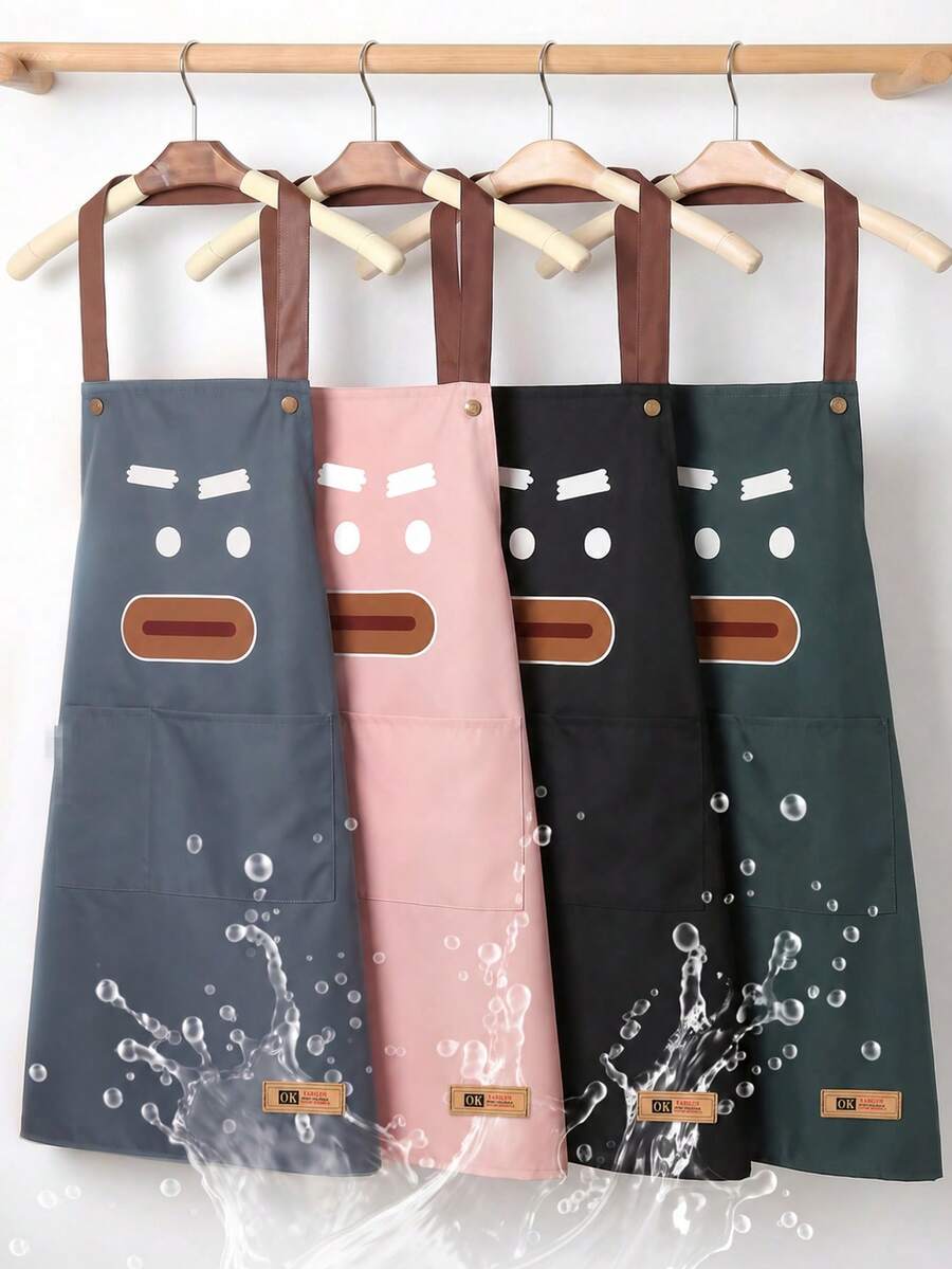 1pc Waterproof Fabric Adjustable Strap Kitchen Apron, Large Pocket Cute Pattern Design, Perfect For Kitchen Cooking, Coffee And Baking, Outdoor Picnic BBQ, Barber, Florist, Farm Cleaning And Other Protective Wear, Durable And Easy To Clean