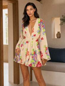 Dancing Leopard Cream Floral Plunge Mini Dress, Holiday/Vacation Wear - Multicolor - View 1