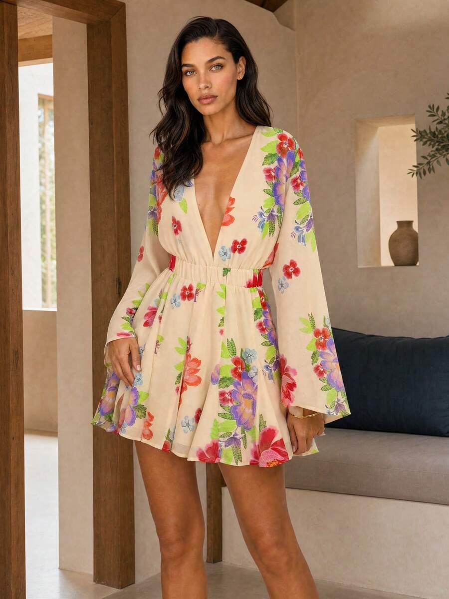 Dancing Leopard Cream Floral Plunge Mini Dress, Holiday/Vacation Wear - Multicolor - View 1