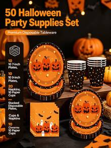 50pcs Piring Kertas, Gelas Kertas, dan Serbet Pesta Halloween, Piring Kertas Sekali Pakai Motif , Perlengkapan Makan untuk Hidangan Penutup, Dekorasi, Set Hadiah Ulang Tahun, Set Perlengkapan Makan Pesta Halloween - beraneka warna - View 7