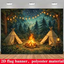 One 2D Banner Banner For Forest Camping Bonfire Theme, With String Lights, Tents And Mushrooms In Starry Night Design, Suitable For Indoor And Outdoor Scenes Without Power Supply, And Suitable For Room Decoration. - 1 - View 7