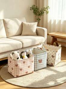 1pc Bear Print Checkered Storage Bin, Sweet Minimalist Style Fabric Rectangular Shape With Carry Handle Detail, Foldable Large Capacity Clothes Sundries Storage Organizer, For Bedroom Home Daily Use All Season Household Decor - Multicolor - View 8