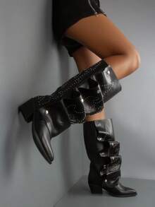 GOGD Sepatu Bot Setinggi Lutut Wanita dengan Bordir, Hak Tebal, Ujung Lancip, Bagian Depan yang Dapat Dilepas, Betis Lebar, Model Longgar - Hitam - View 10