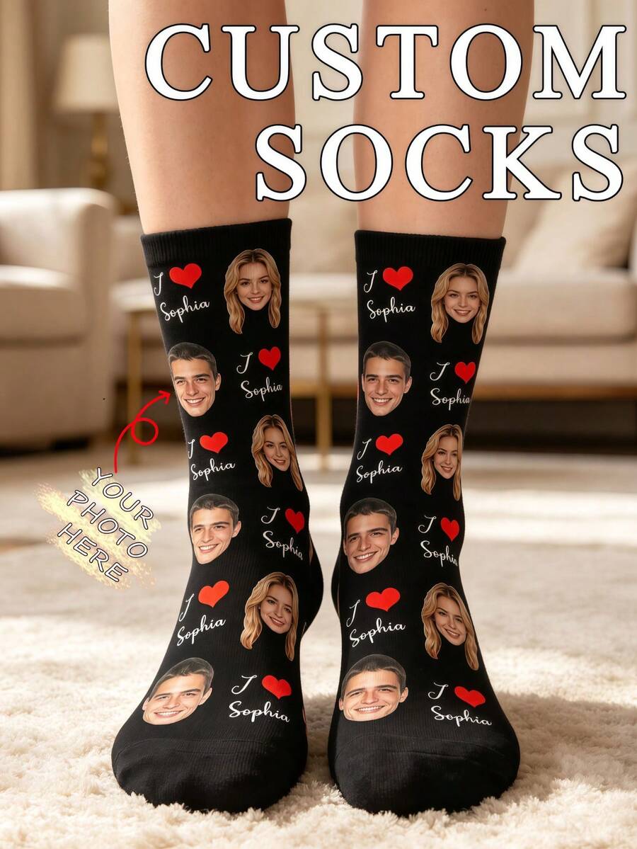 Custom Face Socks, Personalized Photo Print Crew Socks, Red Heart Pattern, Customized Gift For Boyfriend Valentine's Day Present - Black - View 1