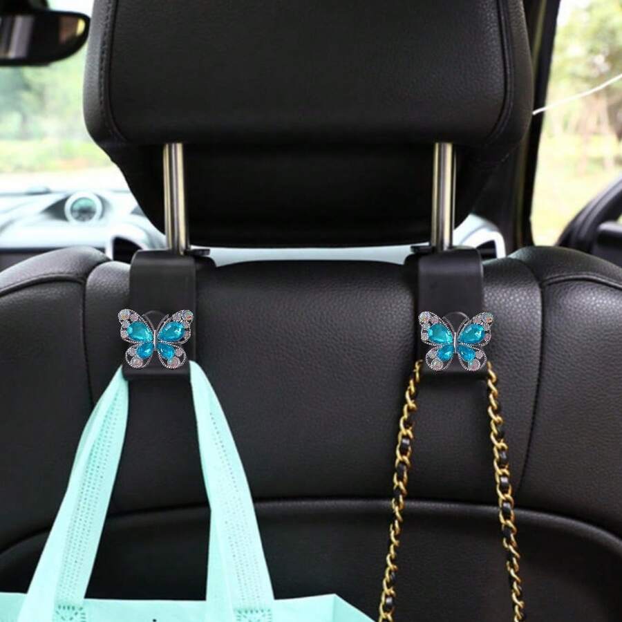 2pcs Sparkling Rhinestone Butterfly Car Seat Hooks, Multi-Functional Creative Small Hooks, Fashionable Minimalist Premium Car Interior Accessories - A - View 1