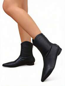 Clariva American Retro Black Cracked Soft Leather Pointed Toe Western Slim Ankle Boots - Black - View 1