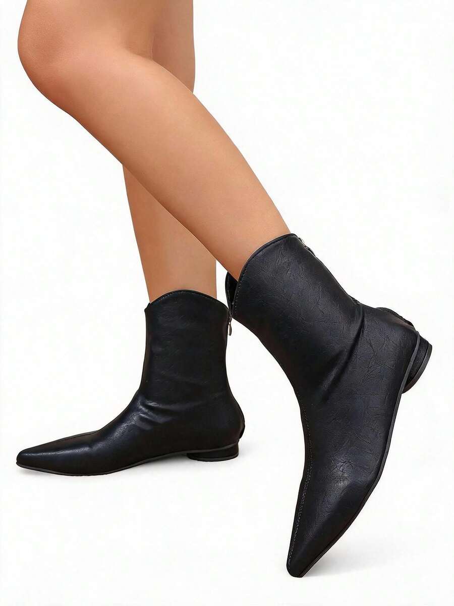 Clariva American Retro Black Cracked Soft Leather Pointed Toe Western Slim Ankle Boots - Black - View 1