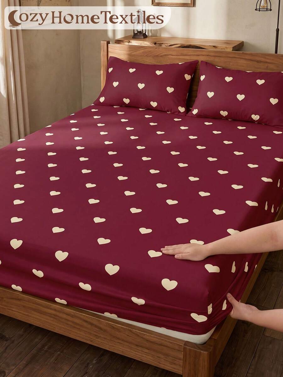1pc Burgundy Red Beige Heart Pattern Fitted Sheet, Mattress Protector, Autumn Bedding, Soft Comfortable Warm Breathable Wrinkle-Resistant, Machine Washable, Single/Double/Queen/King Size, All Season Use, Pillow And Pillowcase Not Included, Bedroom Decor