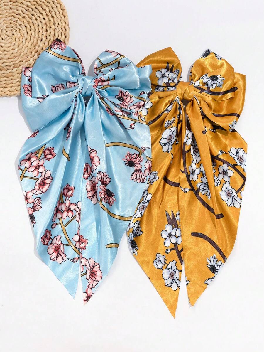 2pcs Blue & Yellow Floral Print Bow Ribbon Spring Clip Extra Large Women's Decorative Hair Clips Hair Accessories - Multicolor - View 1