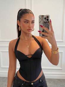 Solid Color Backless Fishbone Pressed Line Halter Neck Slim Fit Cinched Waist Back Tie Crop Top, Black Top, Summer Tops, Party Top, Birthday Outfits For Women, Going Out Tops For Women - Advanced Black - View 1