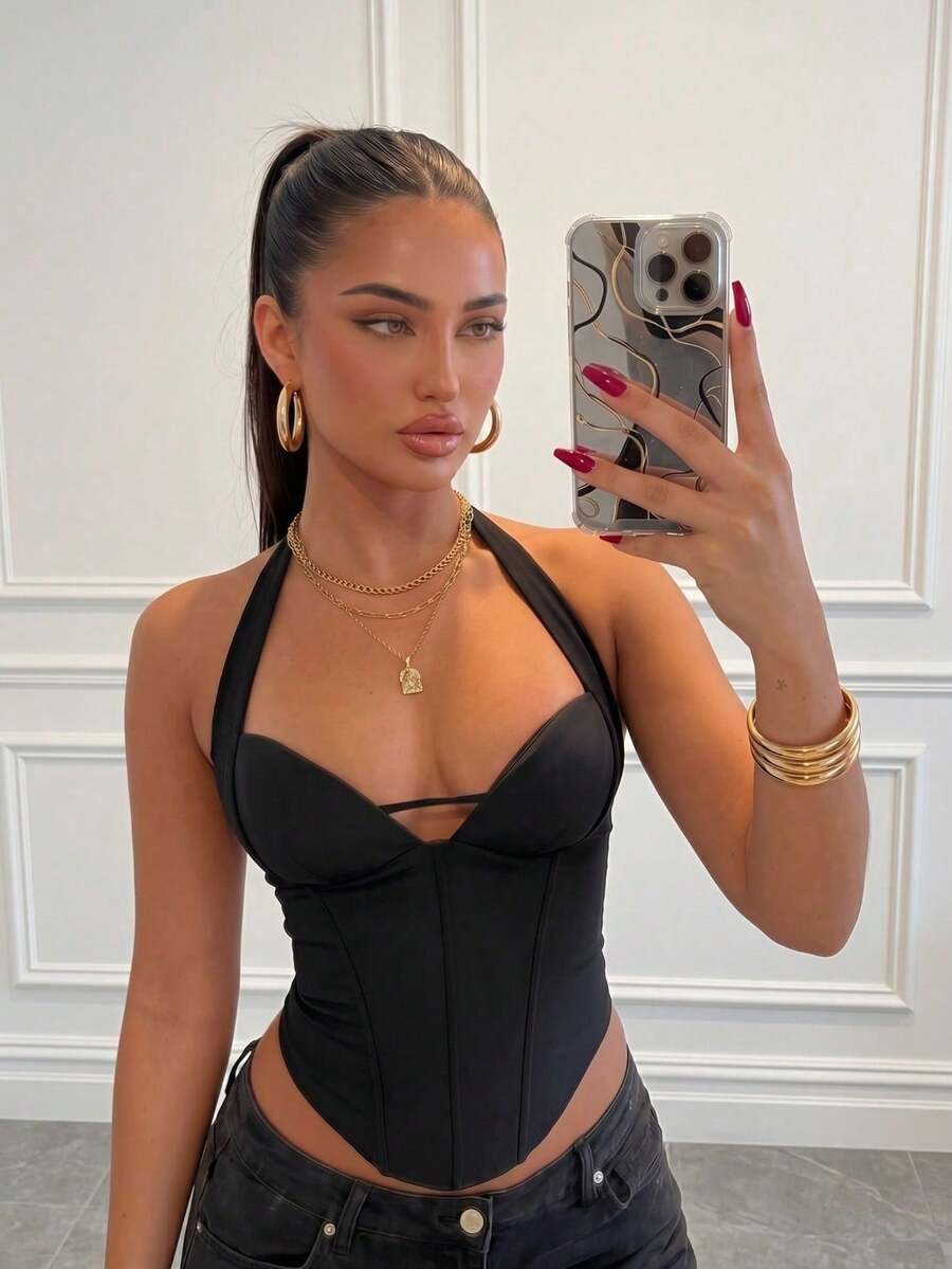 Solid Color Backless Fishbone Pressed Line Halter Neck Slim Fit Cinched Waist Back Tie Crop Top, Black Top, Summer Tops, Party Top, Birthday Outfits For Women, Going Out Tops For Women - Advanced Black - View 1