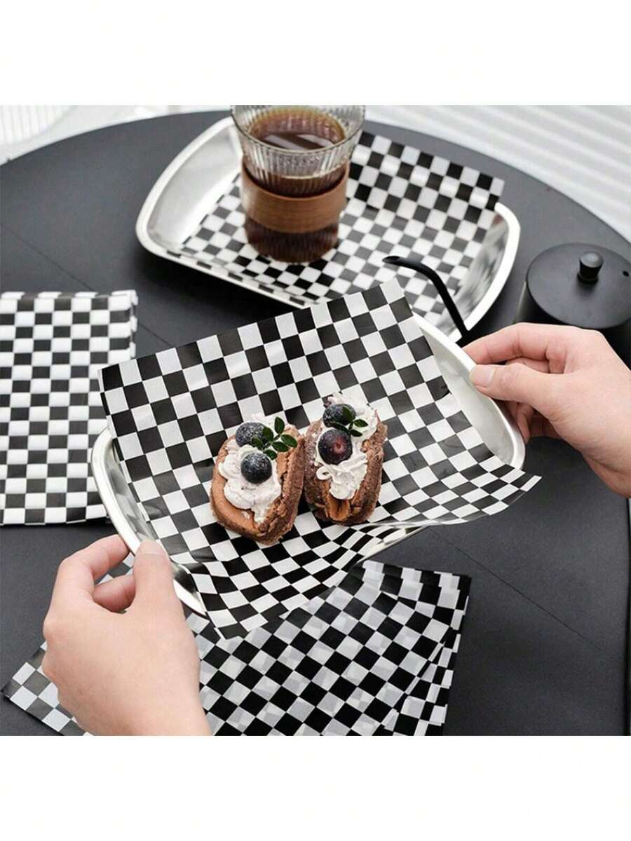 100 Sheets Black & White Checkerboard Wax Paper - Greaseproof Food Packaging Paper, Suitable For Sandwiches, Burgers, Fried Chicken - Stylish Kitchen Gadget, Disposable Accessory - Multicolor - View 1