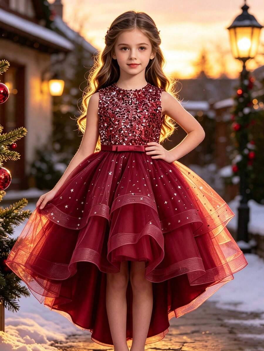 Tween Girl Sleeveless Sequin Mesh Ball Gown Princess Party Dress With Trailing, For Wedding Party - Burgundy - View 1
