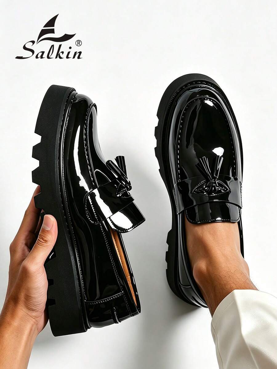Salkin 新款英式設計男士粗齒厚底樂福鞋 流蘇式一腳蹬厚底鞋 平價品牌感 舒適圓頭 優雅紳士正式鞋 紳士商務漆皮亮面鞋 純色鞋面 防滑耐磨 加厚增高鞋底 日常休閒鞋 男士情侶約會出遊 百搭派對宴會婚禮時尚新郎鞋 男士社交鞋 假期禮物 全季適用