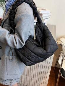 1pc Vintage Rhombus Padded Nylon Hobo Bag, Gathered Shoulder Strap Drawstring Detail Large Casual Daily Shoulder Handbag For Ladies - Multicolor - View 8